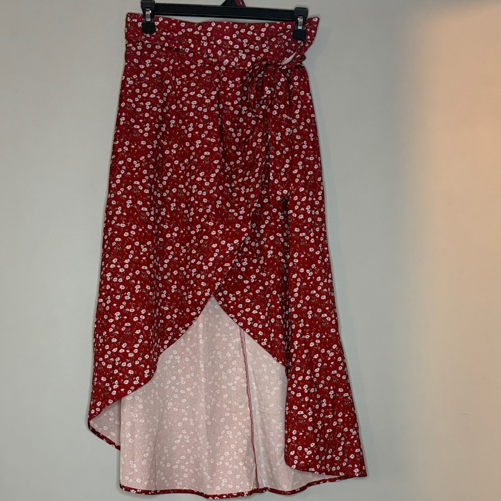 SHEIN Red Floral High-Low Skirt